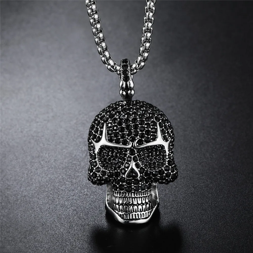 Full Rhinestone Punk Gothic Titanium Stainless Steel Biker Skeleton Skull Pendants Necklaces for Men Jewelry HE109