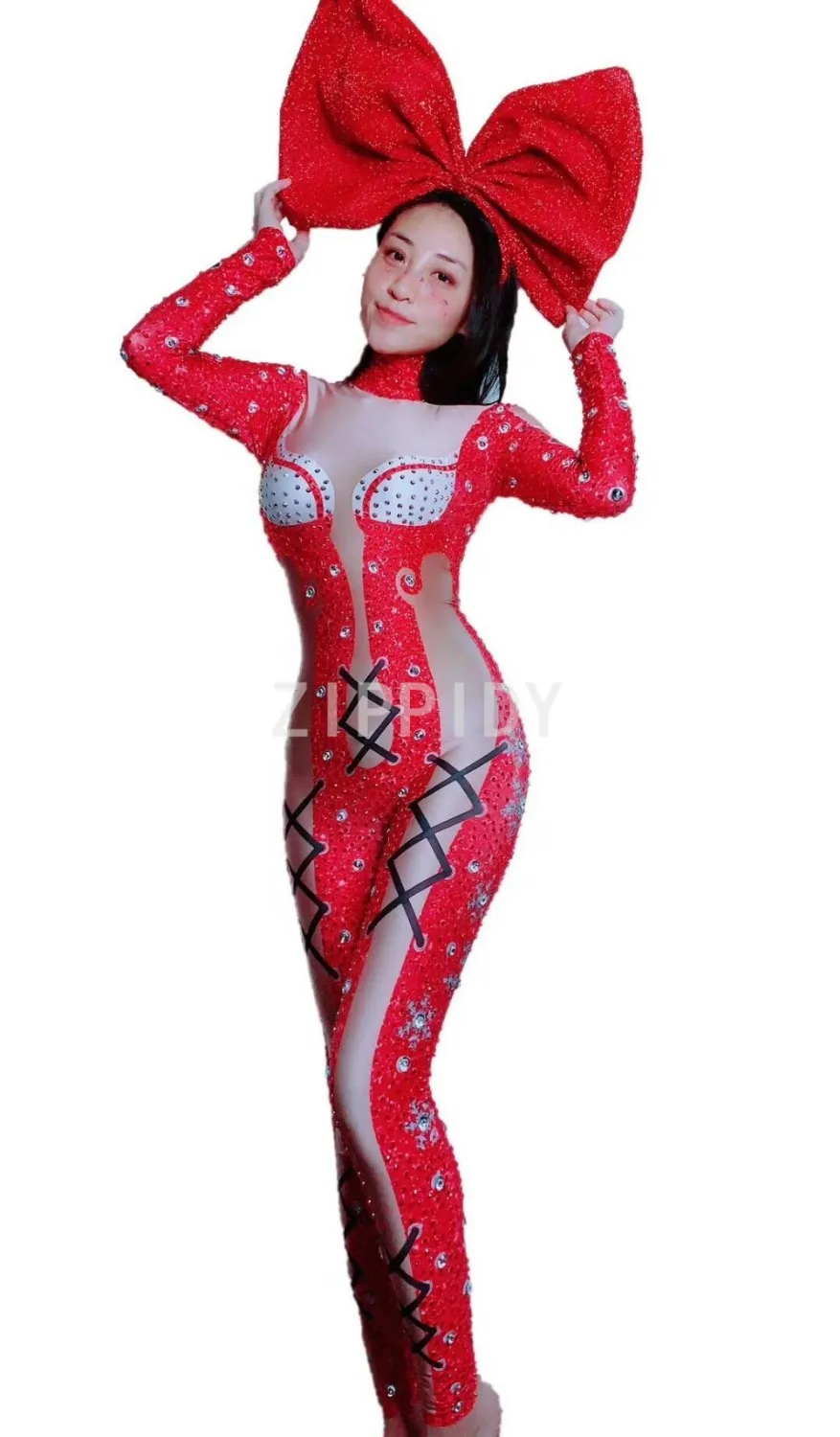 Birthday Party Outfit Nightclub Women Singer Dance Show Outfit Sparkly Red Silver Rhinestones Spandex Bandage Pattern Jumpsuit