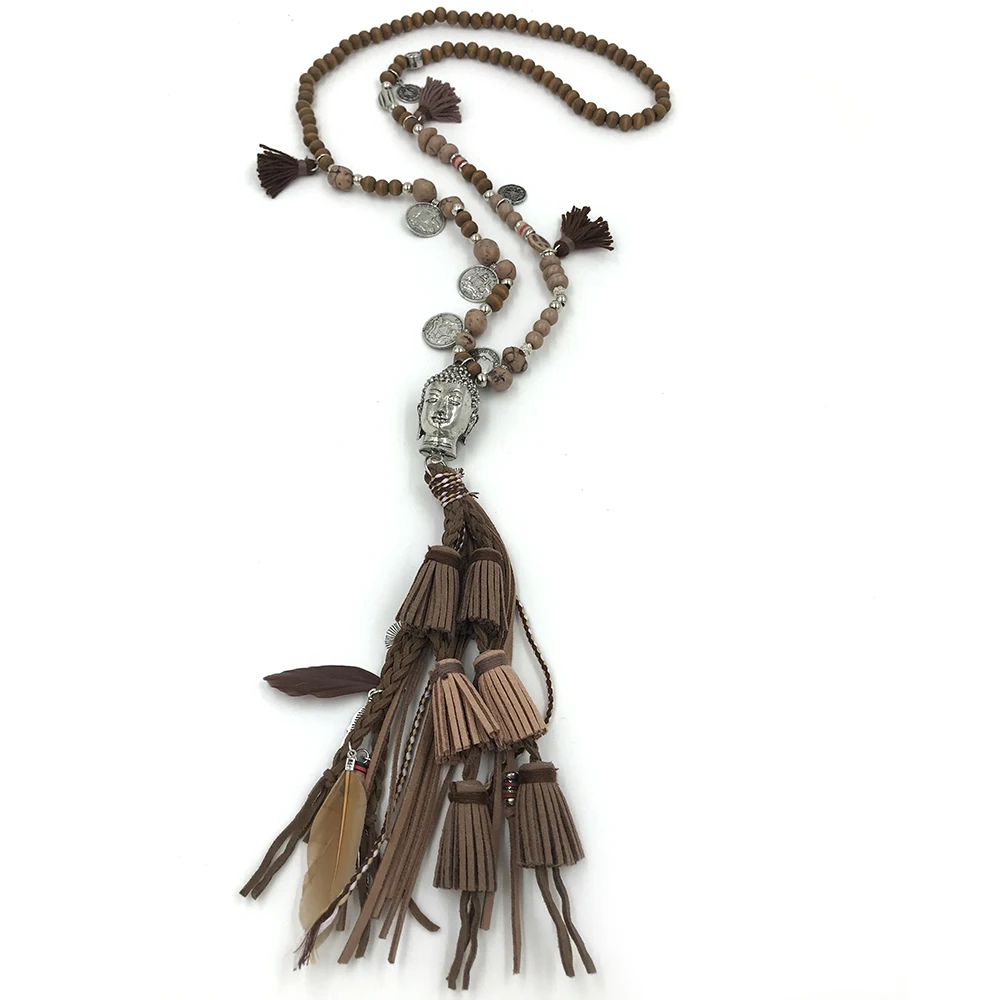 New vintage wooden beads long fringe tassel pendant necklace Indian Buddha pendent necklace Tibetan Buddhism ethnic necklace