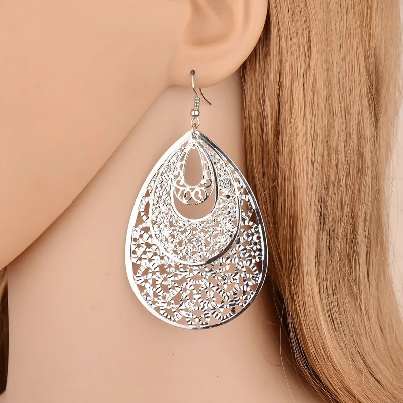 New Exaggerated Metal Big Circle Multi-Level Fashion Retro Round Boho Style Hollow Ladies Earrings