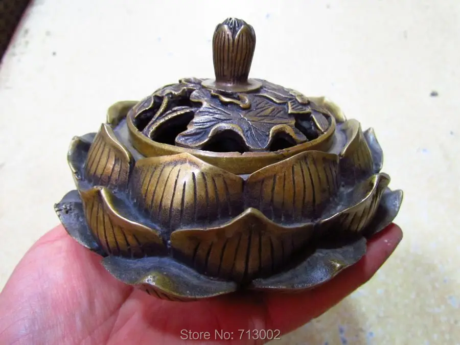 Vintage incense burner lotus flower Signed bottom Old Copper incensory Lucky Fengshui Rare