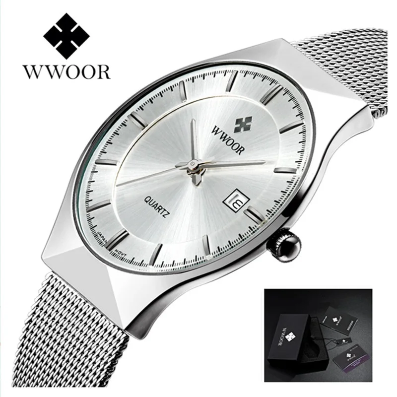 Wwoor relógios finos homens luxo quartzo relógio de pulso data 50m relógio à prova dwaterproof água masculino casual relógio de pulso relógio