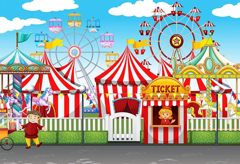 7x5FT Amusement Ferris Wheel Circus Tent Carnival Ticket Box Fence Custom Photo Studio Backdrop Background Vinyl 220cm x 150cm