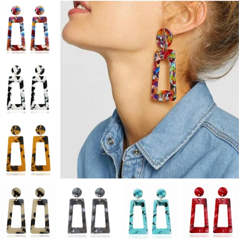 Bohemian Colorful Acrylic Trapezoid Drop Earrings For Women Geometry New Fashion Round Statement Earrings Party Big Jewelry Gift