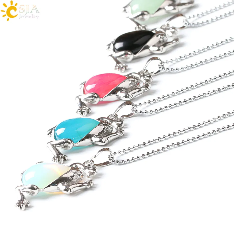 CSJA Lover Unisex Lovely Jump Frog Animal Pendant Necklace for Men Women Gem Crystal Quartz Lucky Natural Stone Jewellery E230