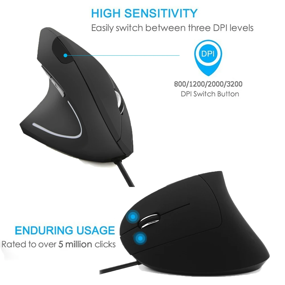 USB Ergonomic Vertical 3200 DPI Left Hand Wired Optical  Mouse With Pad For Laptop PC Game