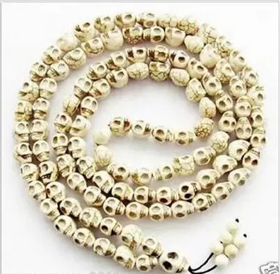 108 Beads Buddhist Tibetan Carved Skull White stone&Turquoises  Prayer Mala necklace