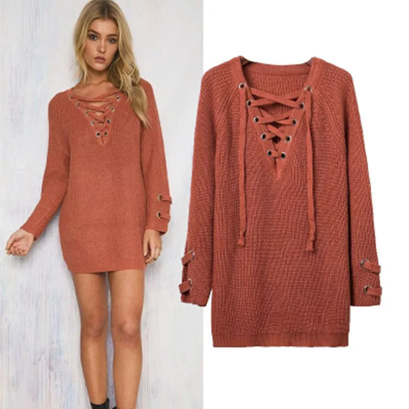 New 2020 Autumn Winter Sexy Lace Up Knitted Sweater Loose V-neck Long Sleeve Women Sweaters and Pullovers Outwear SW647