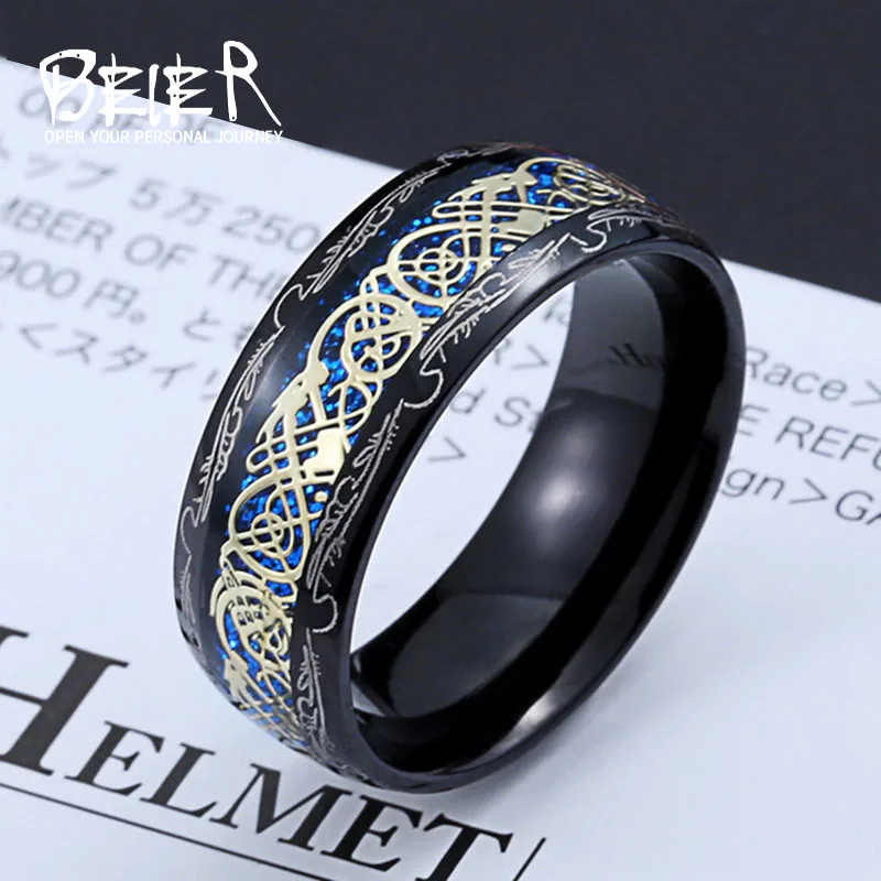 Beier 316L Stainless Steel Viking Runes Golden Dragon Man\'s Ring Blu-ray Simple Fashion High Quality Jewelry LLBR-R050R