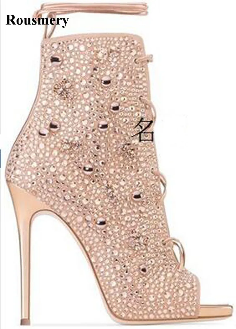 

New Blingbling Open Toe Lace-up Rhinestone Short Gladiator Boots Top Top Quality Stiletto Thin High Heels Cut-out Sandal Boots