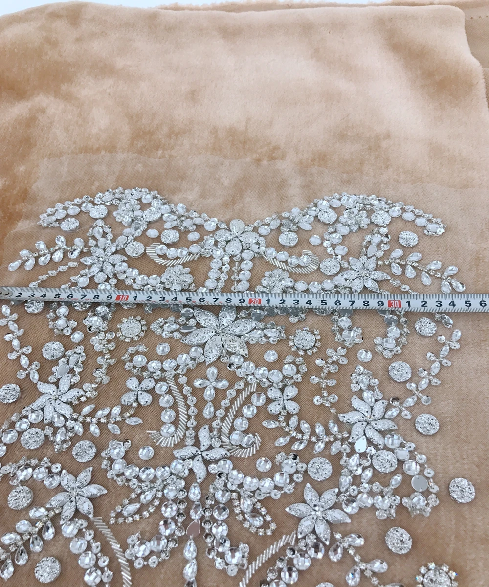 Handmad silver Rhinestones applique on mesh sew on crystal patches for wedding dress 36*35cm