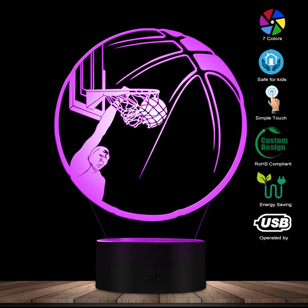 Basketball Player Dunking Ball LED Table Lights One Handed Play Basketball Basketball Dunk 3D Optical illusion Night Table Lamp