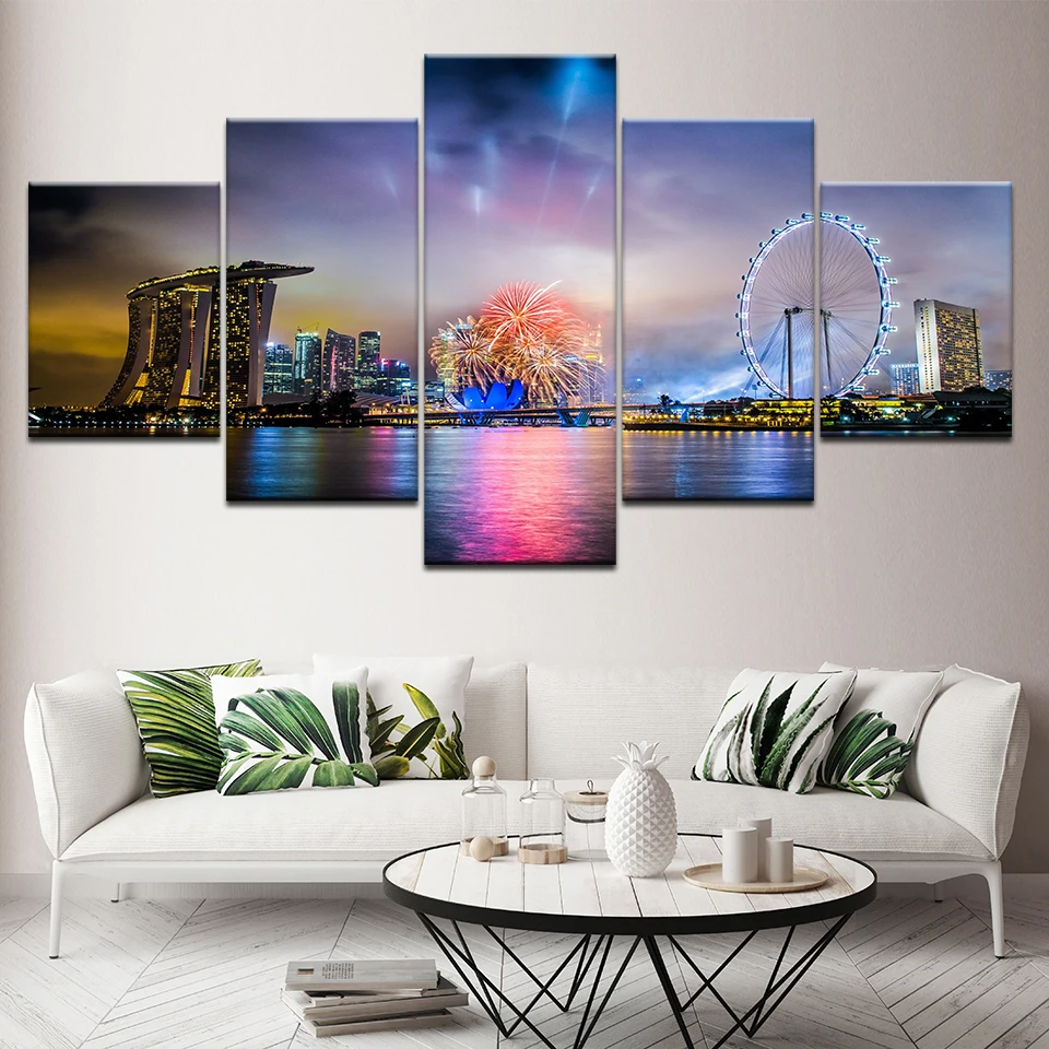 Canvas Painting fireworks in Victoria Harbour landscape 5 Pieces Wall Art Painting Modular Wallpapers Poster Print  Home Decor