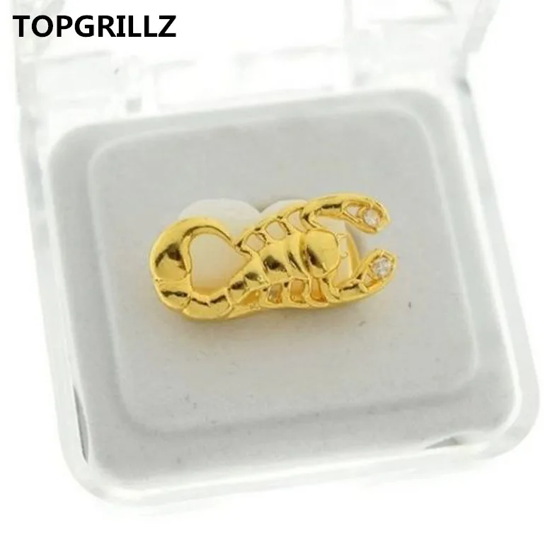 TOPGRILLZ Scorpion Grillz Stinger Teeth Grillz Gold Tone Scorpio Double Cap Iced-Out Tooth Grills,Gift,Party