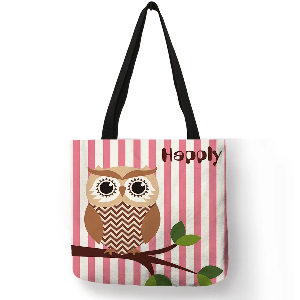 Exclusive Floral Design Tote Bag Cartoon Cute Owl Trees Stripe Print Linen Handbag Lady Girls School Daily Shopping Storage Bags