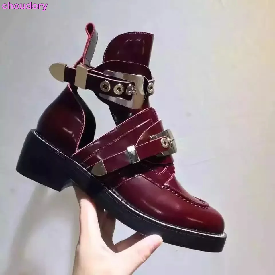 Real Photo Best Selling Women Brand Ankle Boots Thick Heel Buckle Strap Ridding Boots Cut-out Metal Decorated Motorcycle Boots