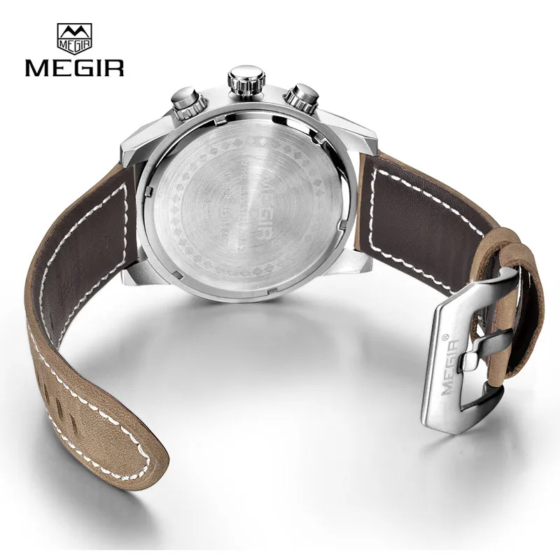 MEGIR new fashion casual quartz watch men large dial waterproof chronograph releather wrist watch relojes free shipping 3010