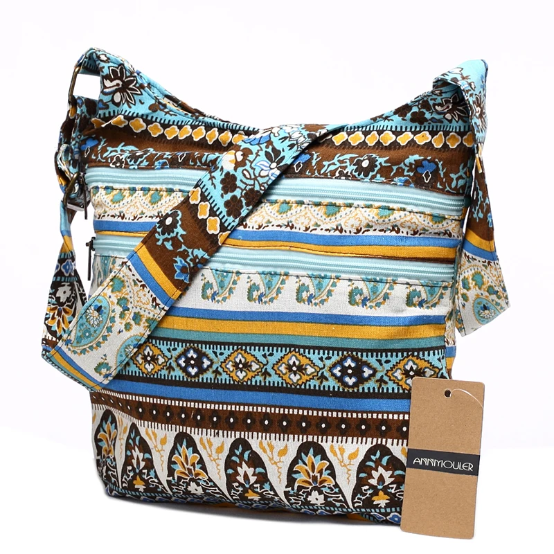 Annmouler Fashion Women Shoulder Bag Bohemian Style Hippie Hobo Bag Double Zipper Bag Sling Crossbody Messenger Bag Large