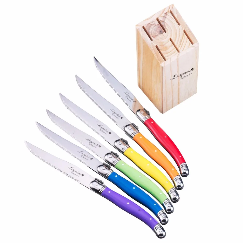 6pcs 9'' Rainbow Dinner Knives in Wood Holder Laguiole Style Steak Knife Stainless steel Restaurant Cutlery Kitchen Flatware set