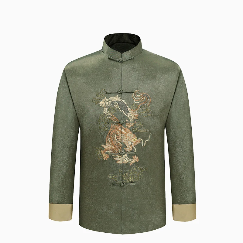 New Male Satin Outwear Chinese Style Embroidery Dragon Jacket Men Double Breasted Kung Fu Coat M L XL XXL XXXL