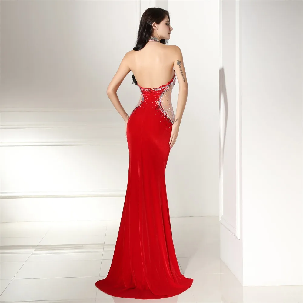 JaneVini เซ็กซี่ซาอุดีอาระเบีย Mermaid สีแดงชุดเจ้าสาว Halter Beading Backless กำมะหยี่ชุดราตรี Robe De Soiree