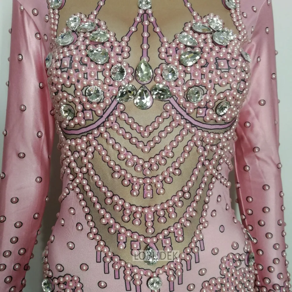Pink Pearl Rhinestones Skinny Jumpsuit Women Singer Bar Stage Performance Costume Birthday Celebrate Party Festival Clothing