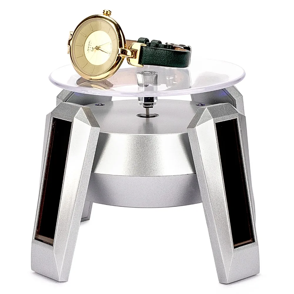 Automatic Solar Power Jewelry Watch Silver Showing Shelf 360 Degree Solar Rotating Nail Art Display Stand Turn Table LED Light