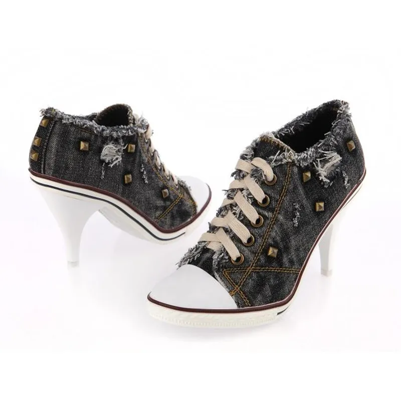 Vintage Design Women Black Denim Pumps Lace Up Thin High Heels Espadrilles Studded Rivets Zapatillas Mujer Plus Size 42 Stiletto