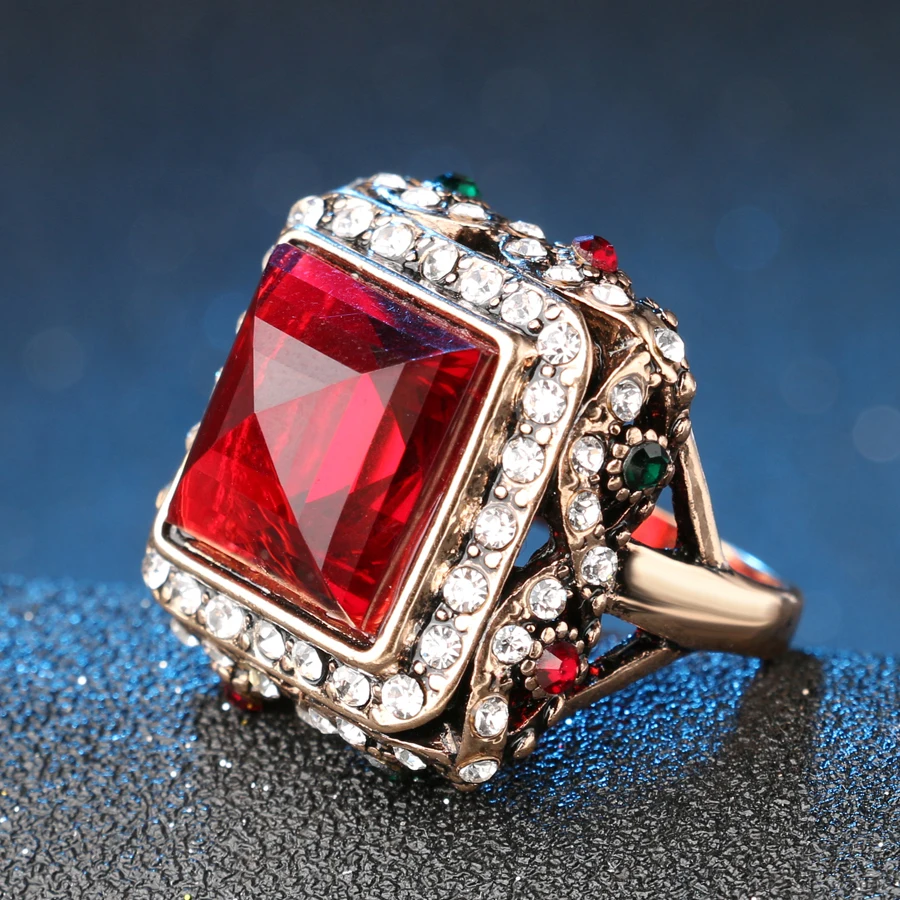 Wbmqda Luxury Bohemian Style Big Square Red Ring Vintage Ancient Gold Color Crystal Rings For Women India Jewelry