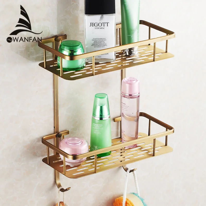 

VidricShelves 2 Tier Black Brass Kitchen Bathroom Shelf Towel Hook Shower Storage Basket Home Deco Accessory Rack HJ-824