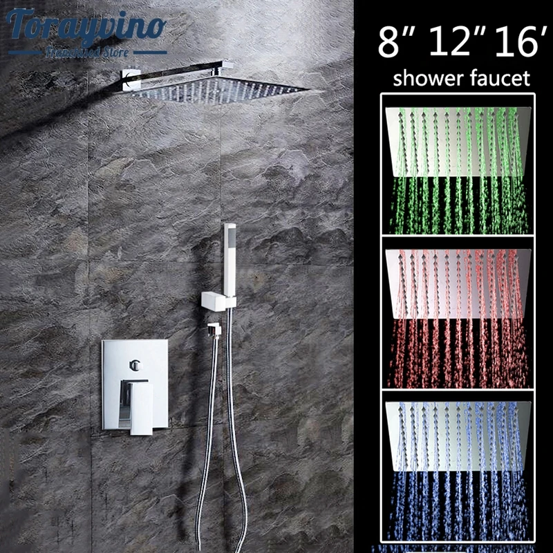 

LED Shower 8" 12" 16"Wall Mounted Square Style douche Brass Head Waterfall Shower Set Rainfall Bathroom Shower Kit Hand Shower