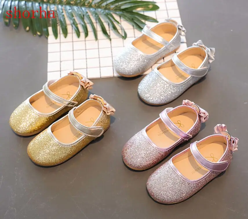 

shorha 2020 spring and autumn new sequin bow tie with beef tendon bottom princess girls shoes children's shoes