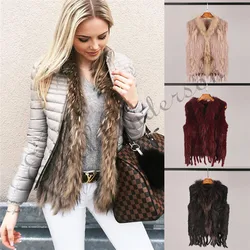 ETHEL ANDERSON Genuine Rabbit Fur Vest Gilet Tassels High Quality Real Fur Kintted Waistcoat Vtg Raccoon Fur Collar Outwear Top