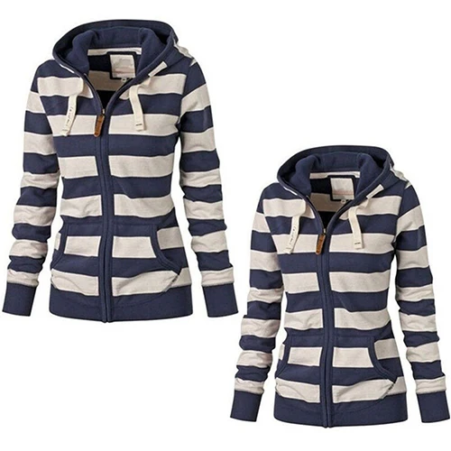 Female coat  Autumn Winter Wear Zipper Fashion Striped Hoodies Fleece Jacket Fall Sweatshirts Coat Warm Jacket casaco feminino