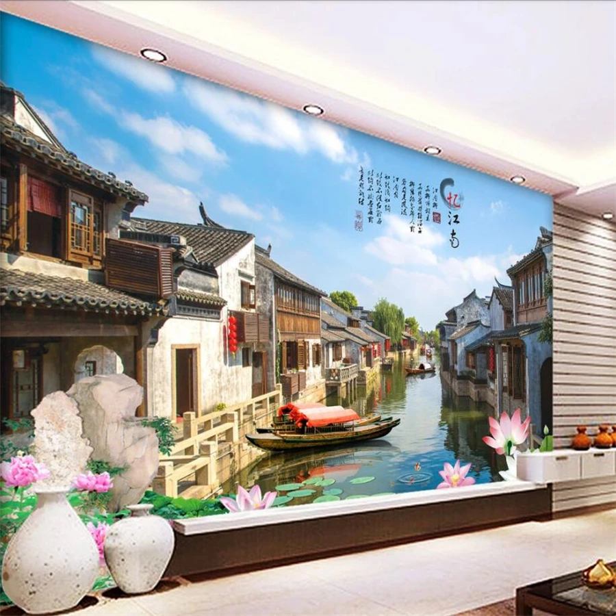 beibehang Custom wallpaper 3d Jiangnan water town Wuzhen ancient town wallpaper Mediterranean sunset seascape mural 3d wallpaper