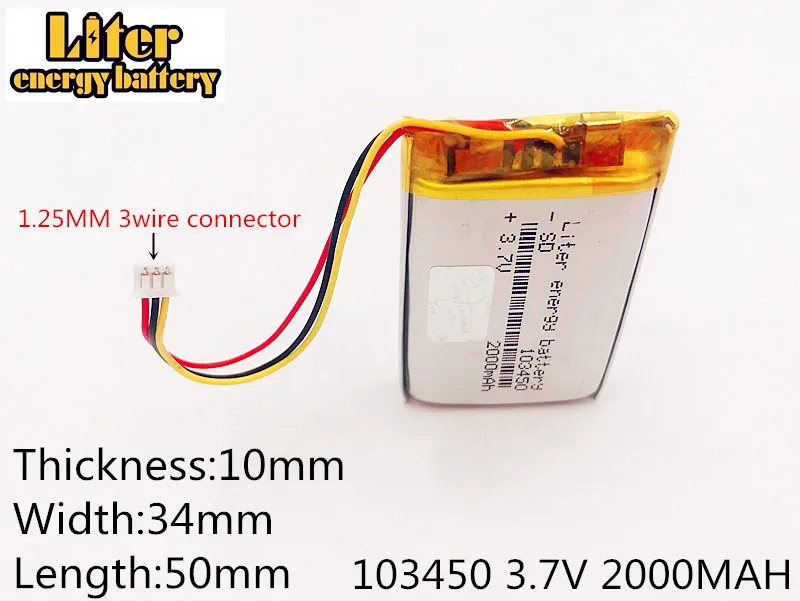 Zลฤ
cze li-po 1.25mm 103450 3.7V 2000MAH lipo polimerowy akumulator litowy nawigacja gps rejestrator DVD zestaw sลuchawkowy e-book