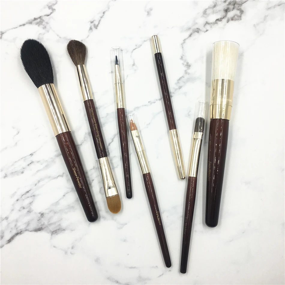 Classic Brown Makeup Brushes 7Pcs/Set Portable Size Soft Natural Goat Horse Hair Make up Brush Kit BB