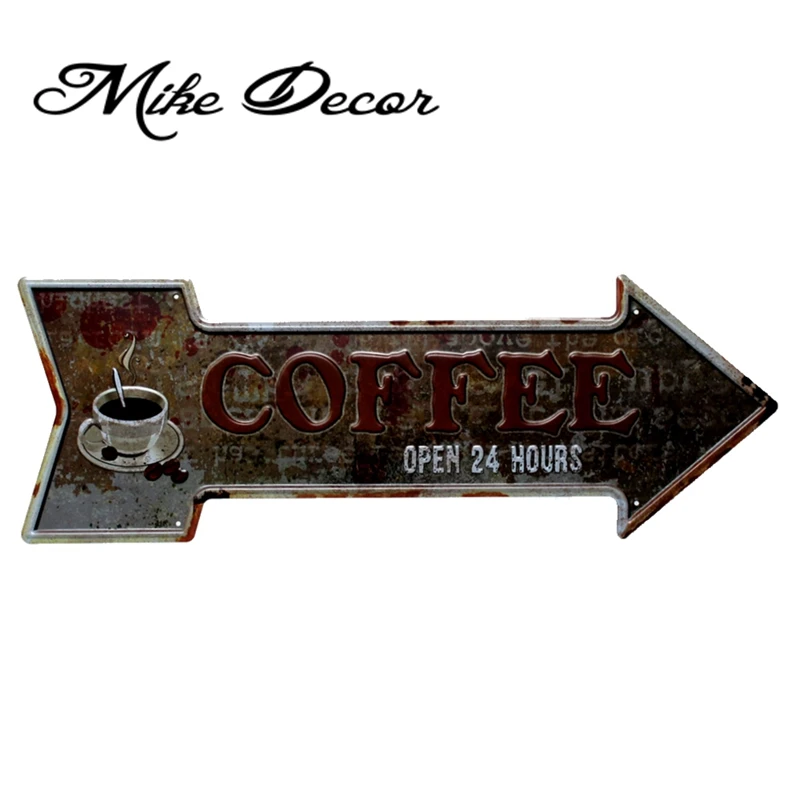 [ Mike86 ] Vintage Coffee open 24 hours Arrow Irregular painting Retro Gift Craft Wall Plaque Cafe decor YC-620 Mix order