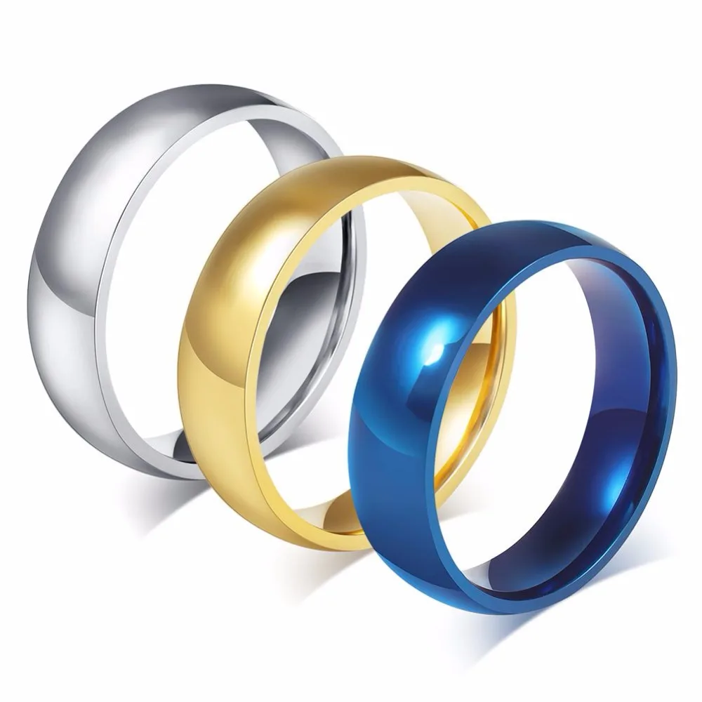 Basic 6MM Wedding Rings for Men Women Blue/ Gold /Silver Color Tone Stainless Steel US Size 4 to 14 Comfortable