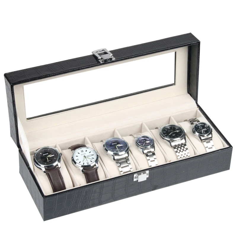 6 Grid Crocodile Pattern Watch Case Storage with Window Jewelry Display & Packaging Wrist Watch Display Box Holder for Man