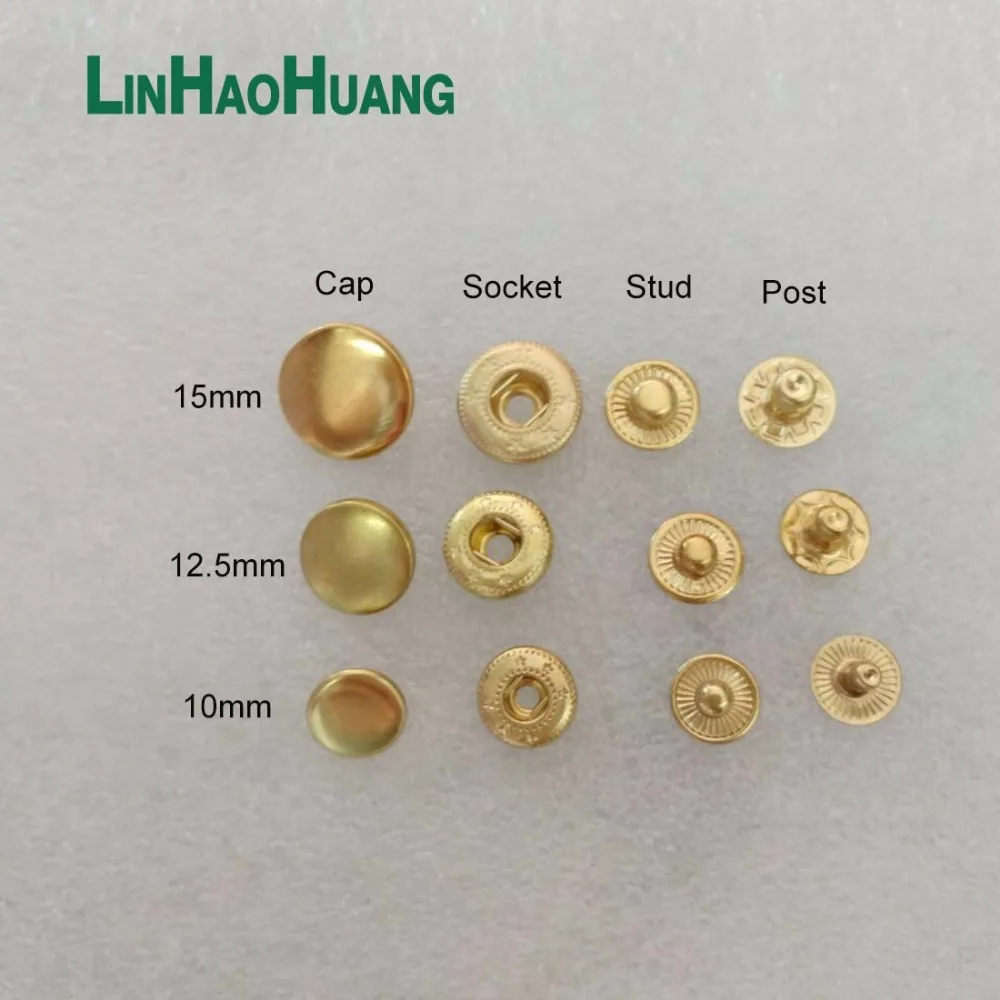 Wholesale 100sets/lot 10mm 12.5mm 15mm four part brass metal button spring snap button snap fasteners light gold 2017101802