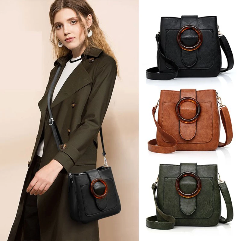 High Quality Soft PU Leather Retro Shoulder Bag Shell Bag Female Crossbody Bag Ladies Circle Hasp Saddle Bag