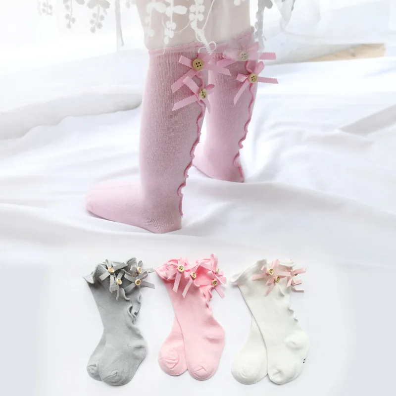 New Arrivals Baby Girls Newborn Cotton Knee-high Socks Trimmed Agaric Laces Bow and Button Kids girls Leg Warmers S/M/L/XL