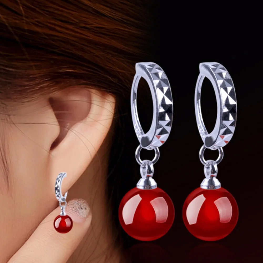 Pretty New Arrival Shine Natural Stone Red Black Lady Women Silver Plated Float Drop Earrings Fashion Jewelry