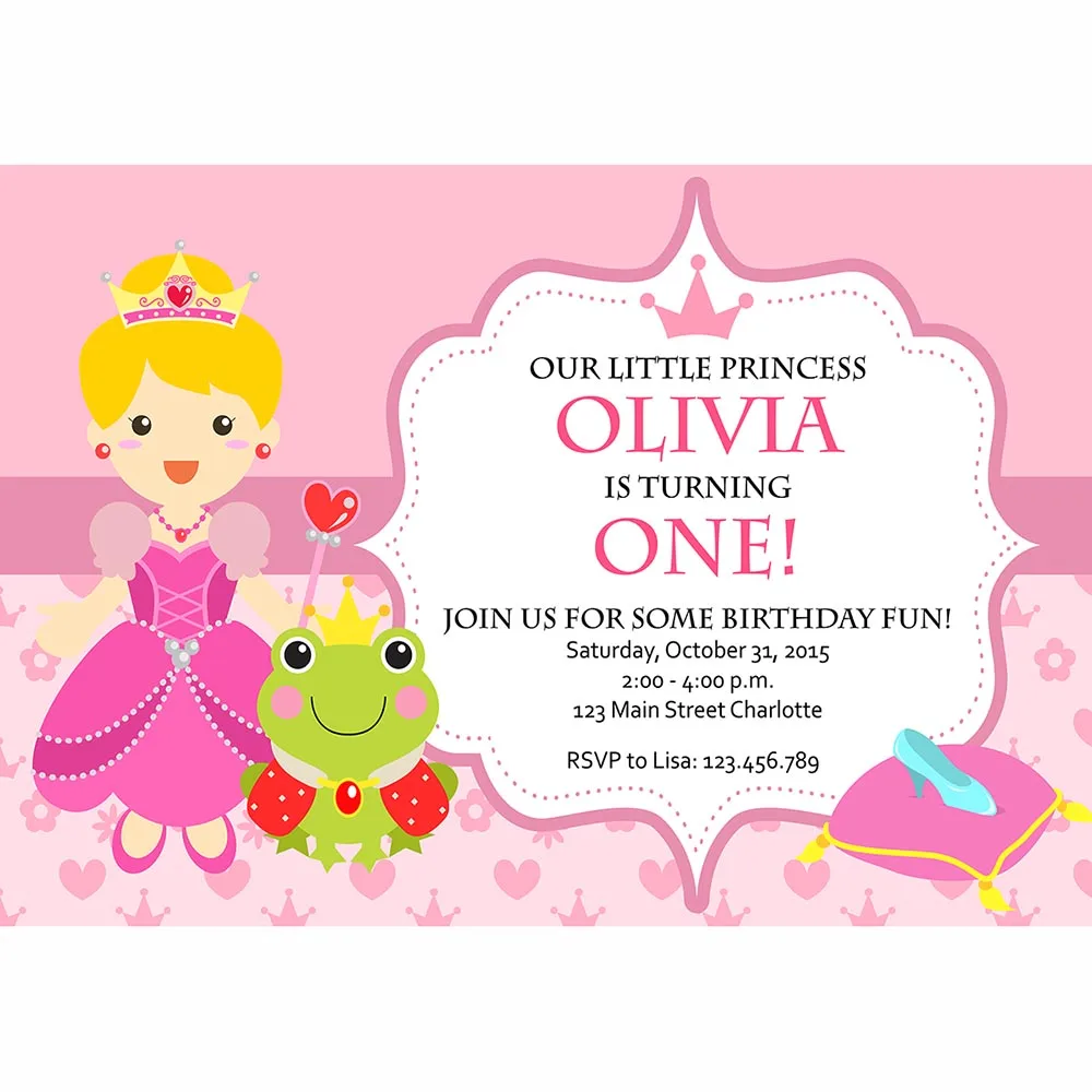 Funnytree photography backdrops pink princess Frog prince Crystal shoes frame Custom text baby birthday party phoyo background