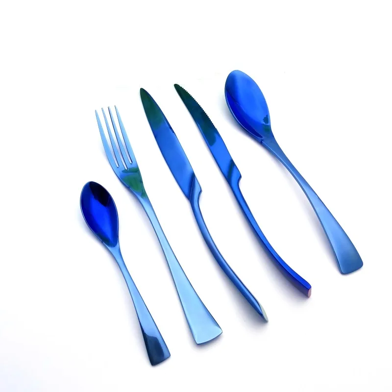 Stainless Steel Blue Tableware Set, Mirror Polished, Curved Handle, Steak Knife, Dinner Fork, Scoop Cutlery, Dinnerware Set