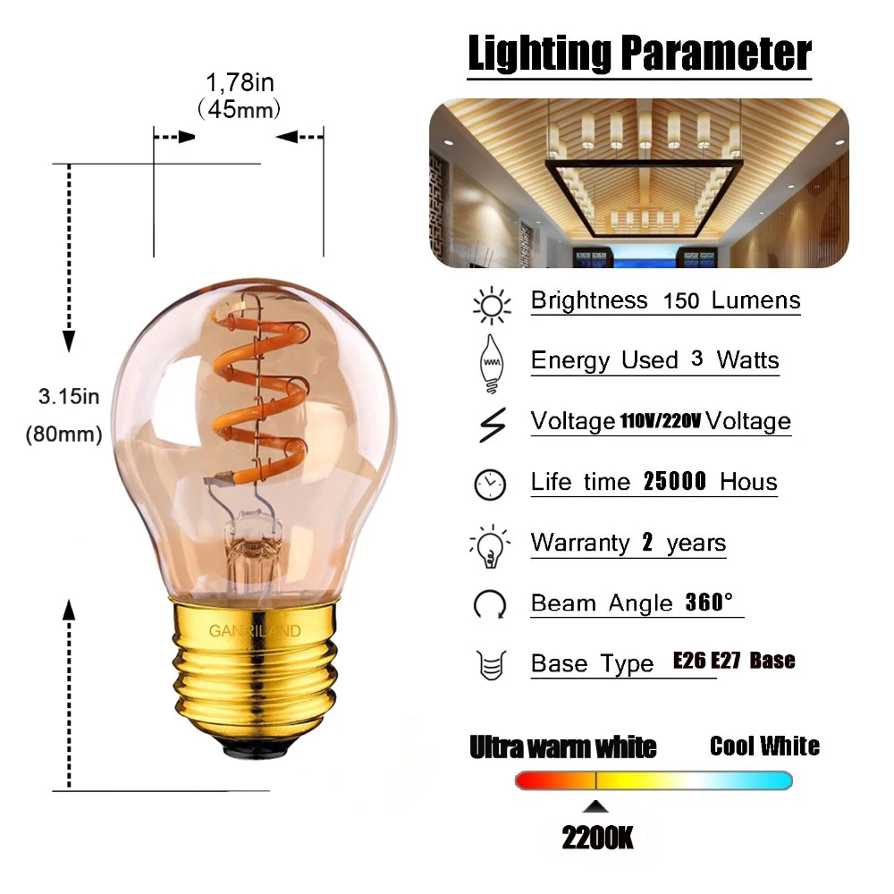 GANRILAND G45 3W E26 E27 Led Spiral Filament Bulb Edison Amber Flexible Lamp Warm White 2200K Decorative Pendant Lamp for Home