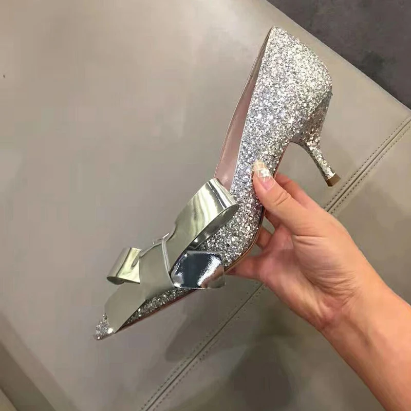 

Spring Silver Bling Bling Side Bowtie Pumps kitten Heel Wedding Single Shoes Pointed toe Woman Sequins Party Shoes Ladies Zapato