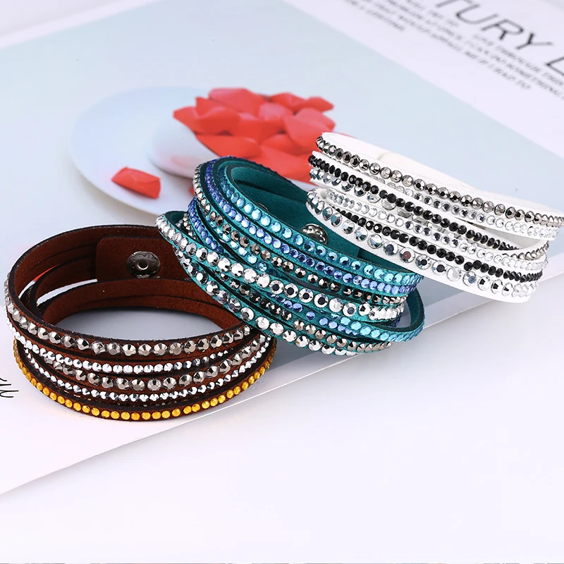 HOCOLE Vintage Leather Wrap Multilayer Bracelets For Women Fashion Crystal Rhinestone Bracelet Female Party Gift Charm Jewelry