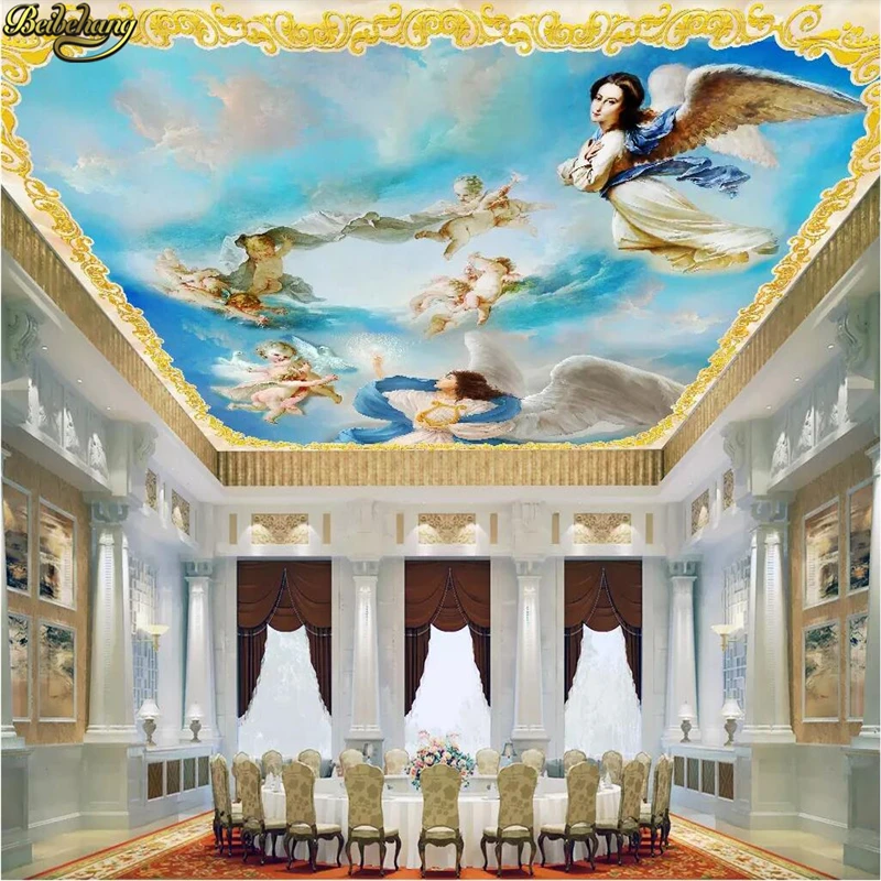 Custom 3D ภาพจิตรกรรมฝาผนัง Top ระงับเพดานวอลล์เปเปอร์ Western European Blue Sky Angel ภาพตกแต่งบ้านภาพวาด